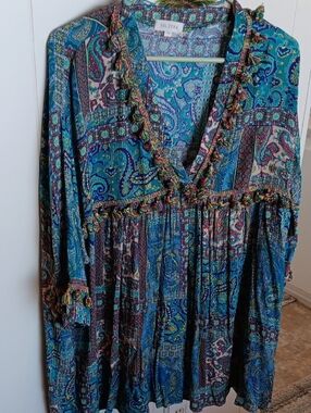 Velzera Multicolor Paisley Boho V-Neck Tunic - Teal Blue 2x